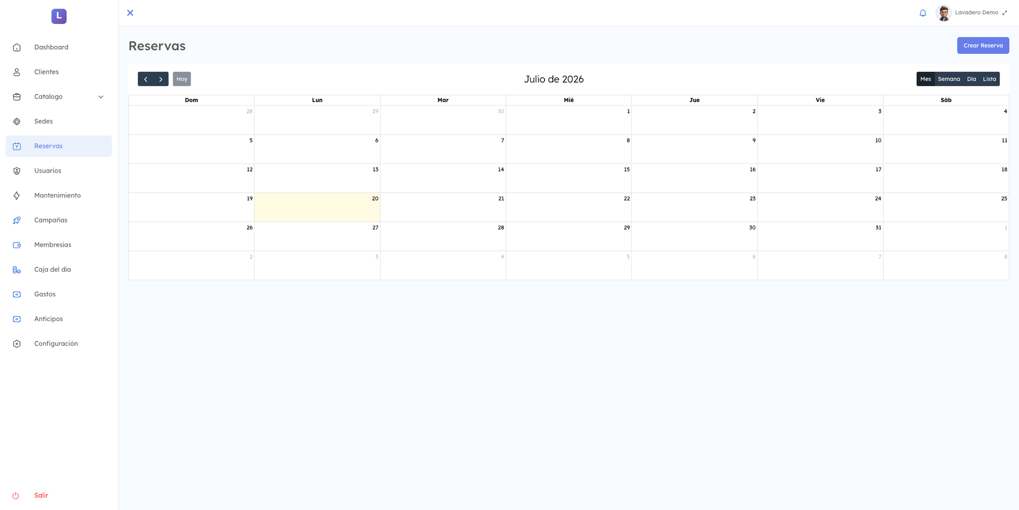 Calendario de reservas de Lavapro